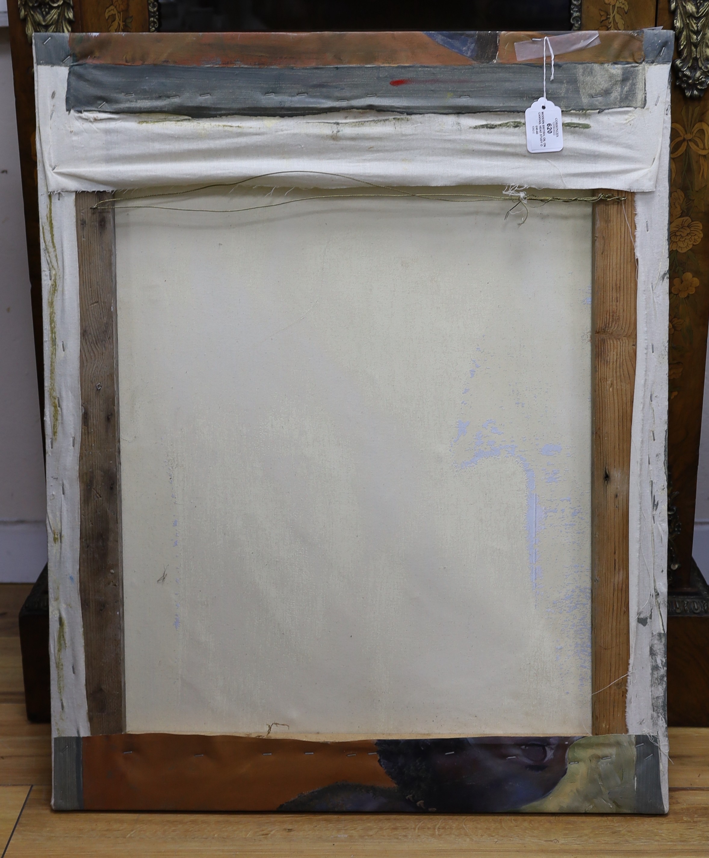 Modern British, oil on canvas, Head study of a pig, 82 x 66cm, unframed